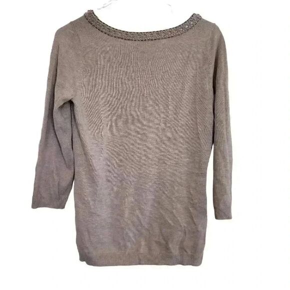 Banana Republic Women's Oatmeal Heather Poly/Wool Beaded Scoop Neck Sweater - Picture 7 of 9
